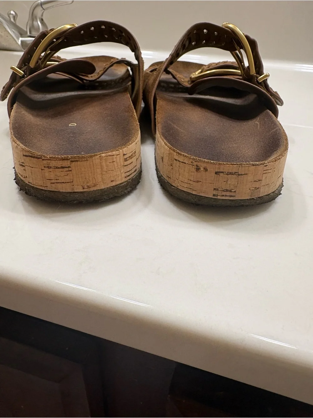 Veronica Beard Brown Suede Double-Band Sandals with Brass Buckles